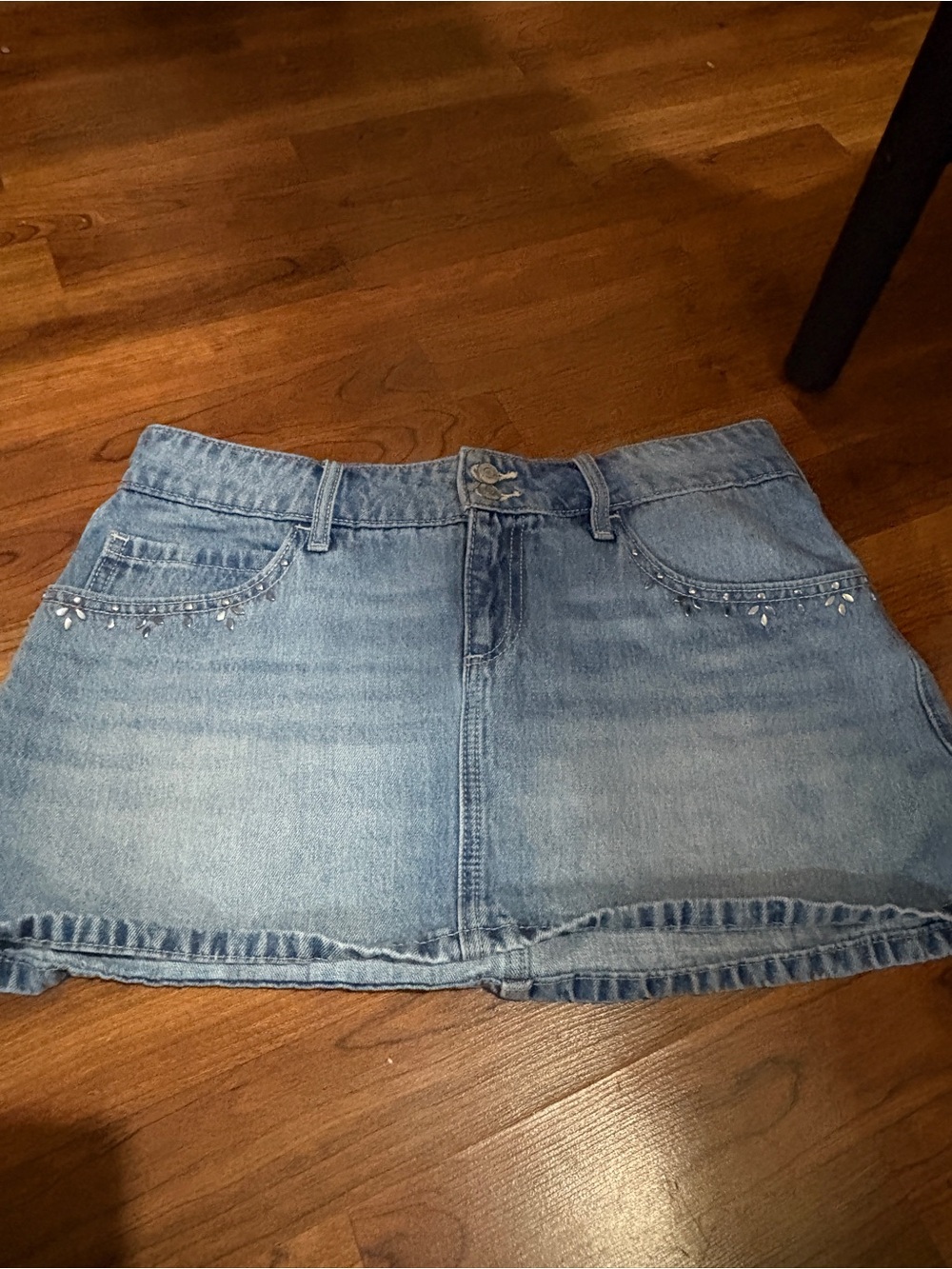 Vintage low wise Hollister Light Blue Denim Mini Skirt with Pocket Rhinestones